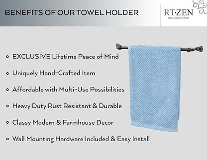 RTZEN Matte Black Hand Towel Holder for Bathroom - Handcrafted Farmhouse Wrought Iron Metal Kitchen Bar - Small Hand Towel Bar Hanger for Home or Office - Wall Mounted Rack Fits 10" Towels