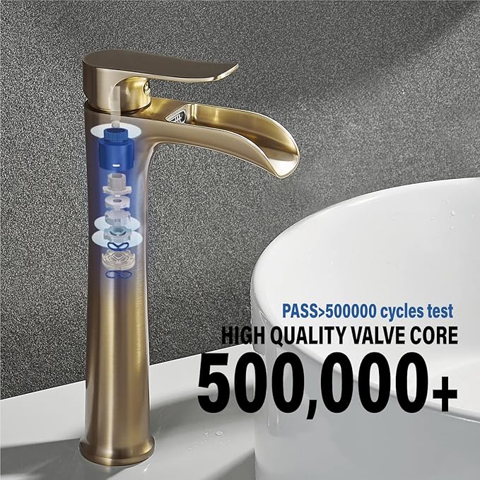YUNDOOM Vessel Sink Faucet,Chrome Single Hole Single Handle Tall Bathroom Sink Bowl Faucet, Waterfall Bathroom Faucet with Pop Up Drain