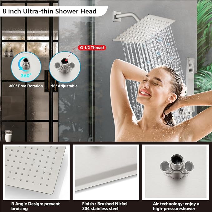 Midanya Shower Faucet Set,Wall Mount Shower System with Square Rain Shower Head and Hand Sprayer, Rough-in Valve Body and Trim Kit Included,8 Inch,Brushed Nickel
