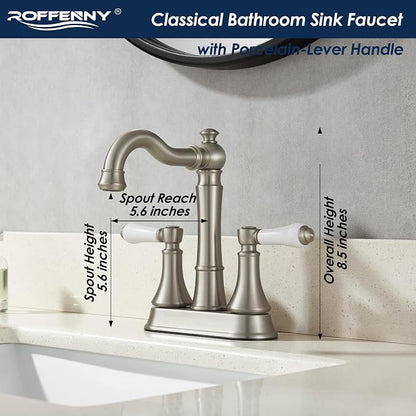 Porcelain 2-Handle Brushed Nickel Bathroom Faucet 4 Inch Centerset | with Plastic Pop-up Drain, Classical 4" Bath Lavatory Vanity Faucets for 2/3 Hole Sinks, High Arc 360° Swivel Brass Spout
