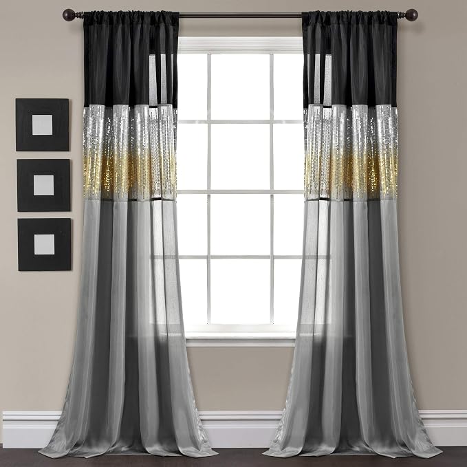 Lush Decor Night Sky Window Curtain Panel, Single 42"W x 84"L Black & Gold - Sequin Backdrop Curtain - Room Darkening Curtains For Bedroom - Glam Decor