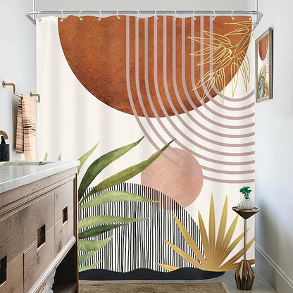 Mid Century Green Boho Abstract Modern Brown Bathroom Shower Curtain Set | 60Wx72L Plant Botanical design, waterproof HD print with fast-drying fabric and 12 hooks.