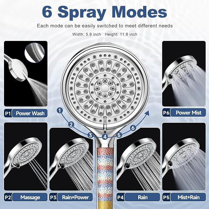 6 Inch Filtered Shower Head, 6 Spray Modes High Pressure Handheld Shower Head with Filter for Hard Water, Detachable Water Softener Showerhead with Hose, Chrome