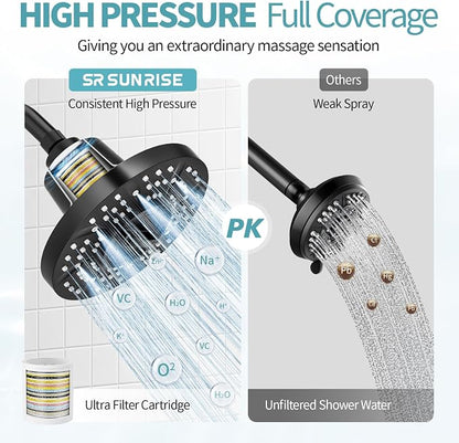 SR SUN RISE Filtered Shower Head with Filters, 20-Stage Shower Head Filter for Hard Water, High Pressure Showerhead with Easy-Replace Cartridge to Remove Chlorine & Heavy Metals (7-Inch, Black)