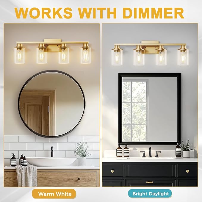 L LOHAS LED 4-Light Bathroom Vanity Light, Gold | Clear Glass Shades; Modern Bathroom Light Fixture for Bathrooms, Bedrooms and Hallways