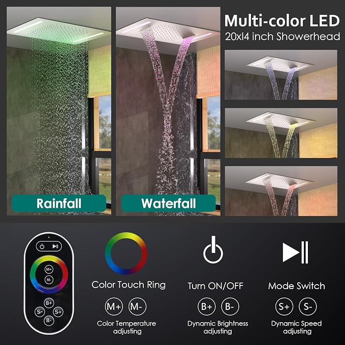 LED Spa Shower System Rainfall Waterfall with Handheld, Brushed Nickel | 20x14-Inch Luxury 2 Modes Showerhead with Ligh t Remote Control, 3 Way Mixer Valve