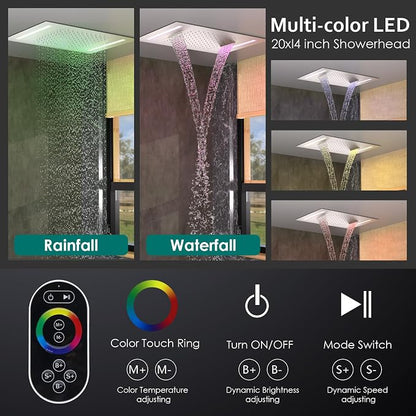 LED Spa Shower System Rainfall Waterfall with Handheld, Brushed Nickel | 20x14-Inch Luxury 2 Modes Showerhead with Ligh t Remote Control, 3 Way Mixer Valve