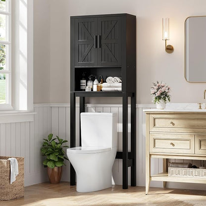 GarveeHome Over the Toilet Cabinet, Double Door Bathroom Storage Organizer, Toilet Rack with Open Storage Shelf, FreeStanding Toilet Shelf Space Saver, for Bathroom, Restroom, Laundry
