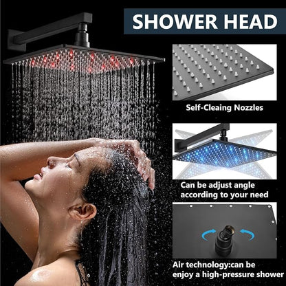 Aolemi Shower Faucet Set with Valve Handheld 12" LED Head Matte Black | Handheld Spray,12 Inch Rain LED Head,Valve and Trim Kit,All Metal,Wall Mount Shower System,Bathroom Mixer