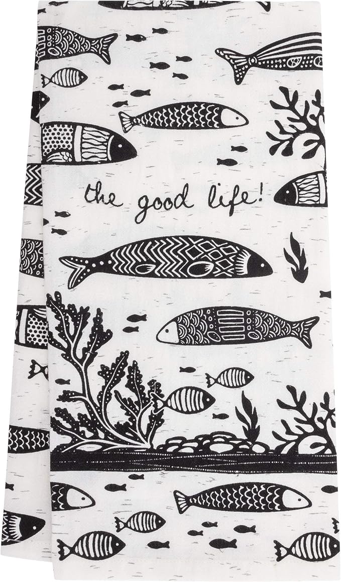 Karma Gifts Black and White Boho Tea Towels, 28" L x 20" W, Fish