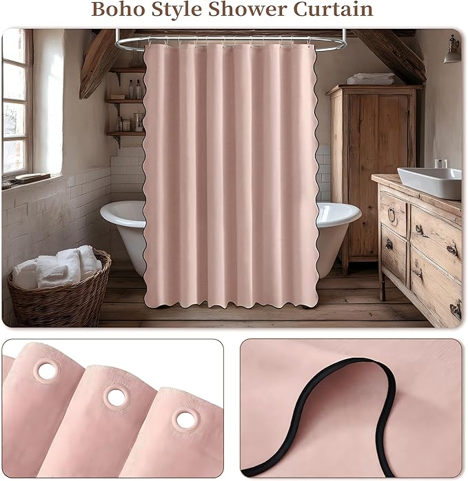BTTN Blush Pink Scalloped Shower Curtain, Boho Linen Textured Heavy Duty Fabric Shower Curtain Set with 12 Plastic Hooks, Modern Cute Waterproof Shower Curtains with Black Edge for Bathroom, 72x72