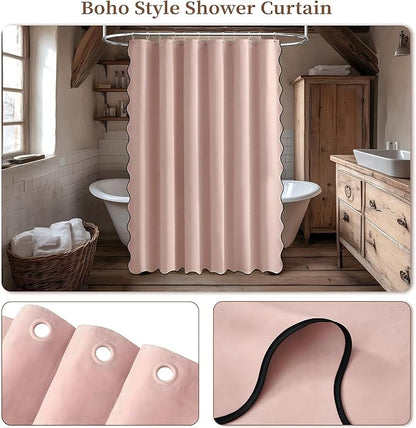 BTTN Blush Pink Scalloped Shower Curtain, Boho Linen Textured Heavy Duty Fabric Shower Curtain Set with 12 Plastic Hooks, Modern Cute Waterproof Shower Curtains with Black Edge for Bathroom, 72x72