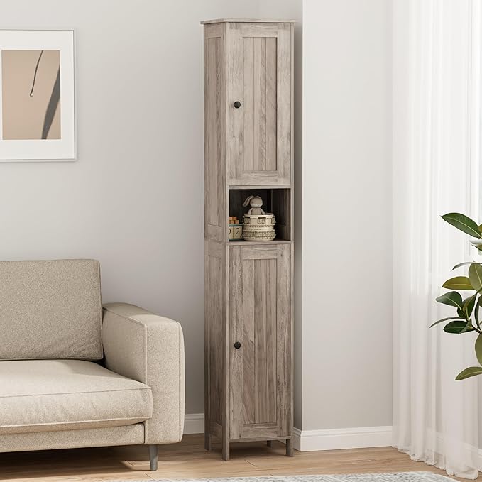 Tall Bathroom Storage Cabinet with 2 Doors, 67"H Narrow Storage Cabinet with Adjustable Shelves& Anti-Tip Design, Reversible Door Installation, Easy Assembly, 11.8 x 11.8 x 66.9 Inches, Greige