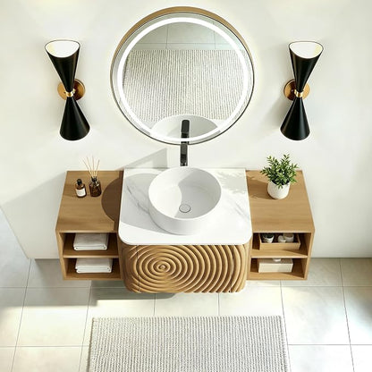 48" Floating Bathroom Vanity with Sink, Mid-Century Wall Mounted Bathroom Vanity Cabinet with Wood Waved Decor,Ceramic Vessel Basin and Sintered Stone Top, Soft Close Drawer, 2 Side Open Cube