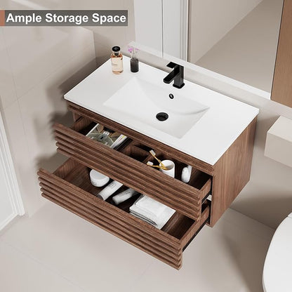 LUCKWIND 36" Floating Bathroom Vanity with Sink, Mid-Century Wall Mounted Big Drawer Cabinet with Large Sink, Water Saving Faucet and Wood Stripes Style, Walnut