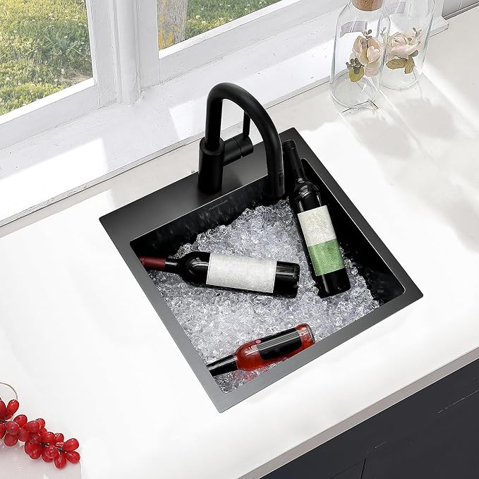 VCCUCINE Gunmetal Black Bar Sink Drop in, 15x15 Inch Topmount RV Small Kitchen Sink, 16 Gauge Overmount Stainless Steel Wet Bar Sink, Top Mount Outdoor Single Bowl Prep Sink with Dish Grid & Drain