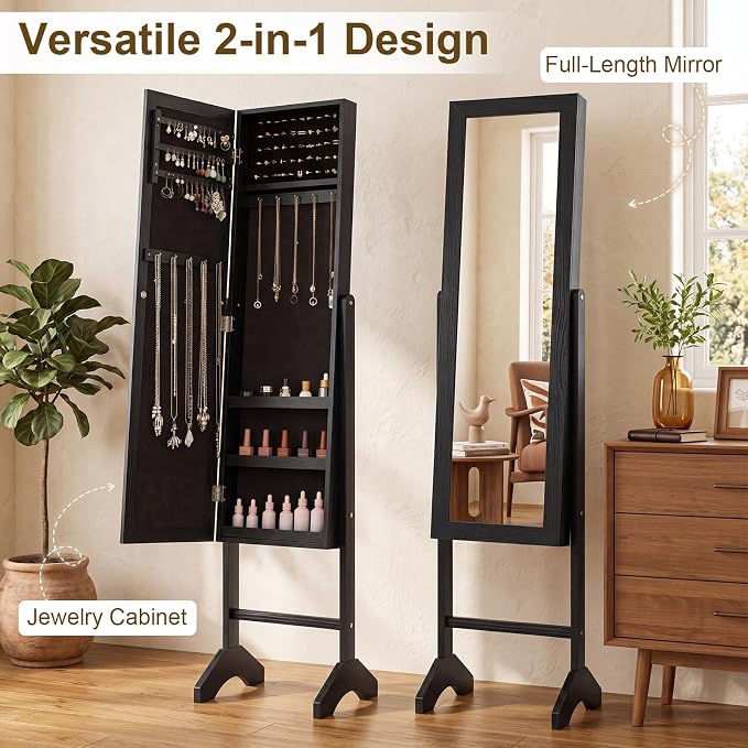 Giantex Jewelry Armoire with Full Length Mirror, Freestanding Jewelry Organizer Cabinet with Ring Slots, Earring Holders, Necklace Hooks & Storage Shelves for Bedroom (Black)