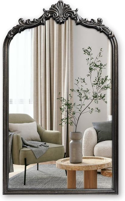 English Estate Carved Arch Wood Wall Mirror, Mirror for Entryway, Living Room, Bathroom, Distressed Black, 20.4x33