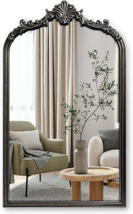 English Estate Carved Arch Wood Wall Mirror, Mirror for Entryway, Living Room, Bathroom, Distressed Black, 20.4x33