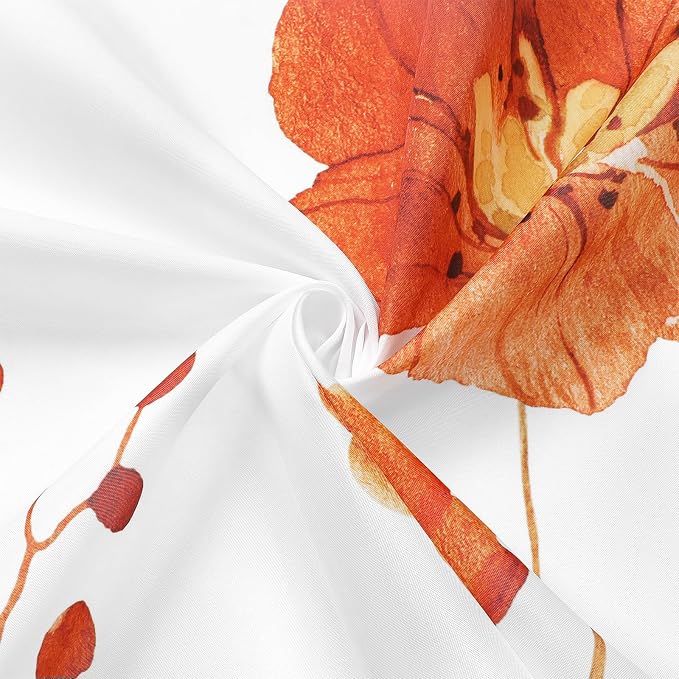 Orange Navy Beige Watercolor Floral Fabric Shower Curtain, 72x72 | Waterproof Fabric, Modern Minimalist Floral Print, Machine Washable, Rustproof Grommets, for Bathroom Home