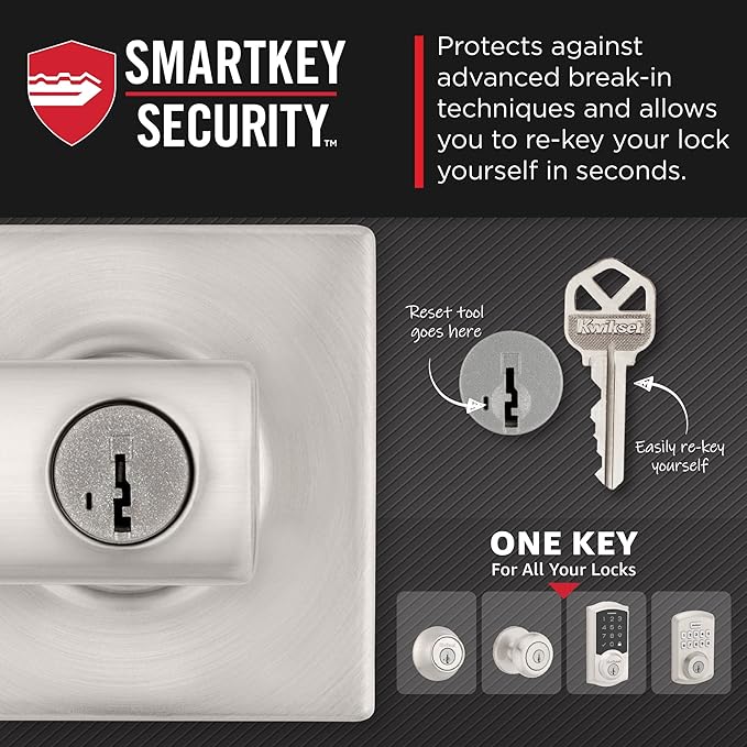 Kwikset Breton Entry Door Handle with Lock and Key, Secure Keyed Reversible Lever Exterior, For Front Entrance and Bedrooms, Satin Nickel , Pick Resistant Smartkey Rekey Security and Microban