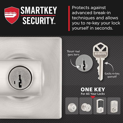 Kwikset Breton Entry Door Handle with Lock and Key, Secure Keyed Reversible Lever Exterior, For Front Entrance and Bedrooms, Satin Nickel , Pick Resistant Smartkey Rekey Security and Microban