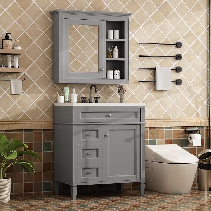 Merax 30 Inch Bathroom Vanity with Sink Set, Modern Bathroom Vanity Storage Cabinet with Matching Mirror Medicine Cabinet, Solid Wood Frame，Painted Finish, 2 Drawers and 1 Tip-Out Drawer, Grey
