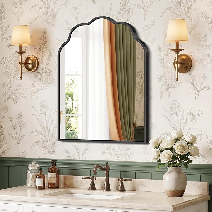 Arched Scalloped Mirror, 18×24Inch Black Mirror for Bathroom, Wavy Wall Mounted Vanity Mirror with Aluminum Alloy Frame for Livingroom Bedroom and Entryway, Tempered Glass