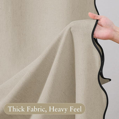 Linen Scallop Shower Curtain with 12 Clear Hooks, Waterproof, 72x84, Beige | Cute Washable Heavy Duty Thick Fabric with Black Border, Neutral Modern Farmhouse Boho Décor