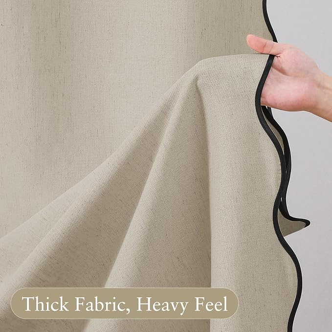 Linen Scallop Shower Curtain with 12 Clear Hooks, Waterproof, 72x72, Beige | Waterproof Heavy Duty Thick Fabric with Black Border, Neutral Boho Farmhouse Bathtub Shower Curtain