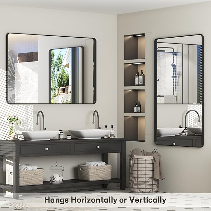55x30 Inch Black Framed Bathroom Mirror for Wall, Large Matte Metal Framed Wall Mirror, Black Rectangle Bathroom Vanity Mirror, Anti-Rust, Shatterproof (Horizontal/Vertical)