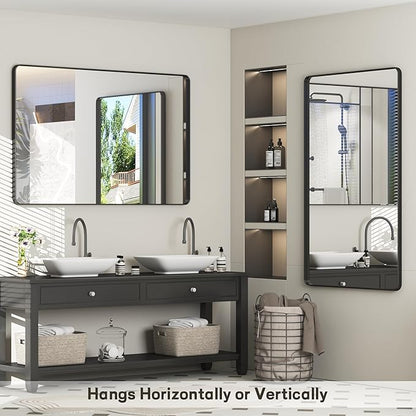 60x28 Black Bathroom Wall Mirror, Black Matal Framed Mirror, Matte Rectangle Bathoom Vanity Mirror, Anti-Rust, Shatterproof, Hangs Vertically or Horizontally