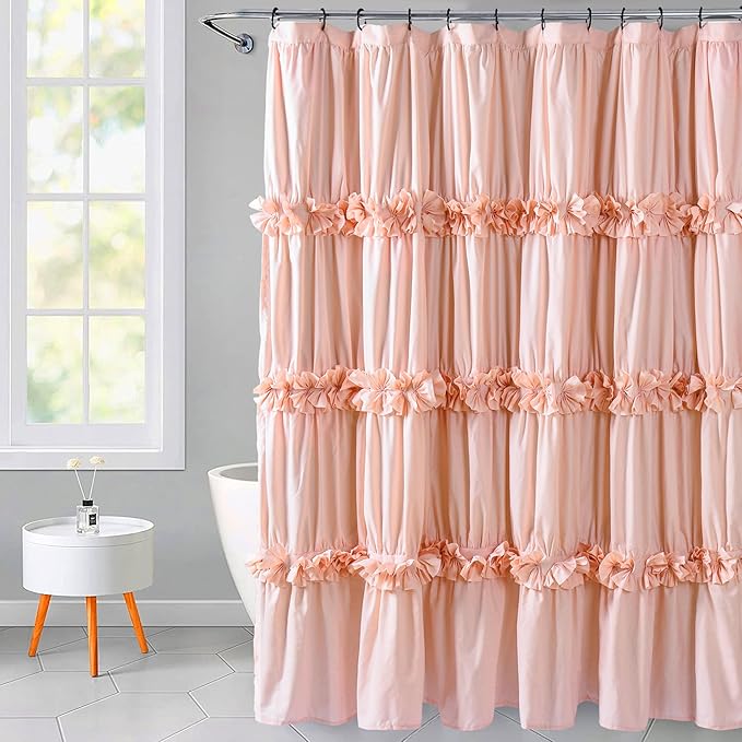 Homechoice Decor Peach Ruffle Shower Curtain for Master Bathroom | Vintage Handcrafted Bow Tie Bath Curtain, Ruched Microfiber Bathroom Curtain with 12 Buttonholes, 72" W x 72" H (LQ-10)