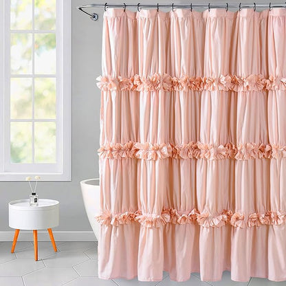 Homechoice Decor Peach Ruffle Shower Curtain for Master Bathroom | Vintage Handcrafted Bow Tie Bath Curtain, Ruched Microfiber Bathroom Curtain with 12 Buttonholes, 72" W x 72" H (LQ-10)