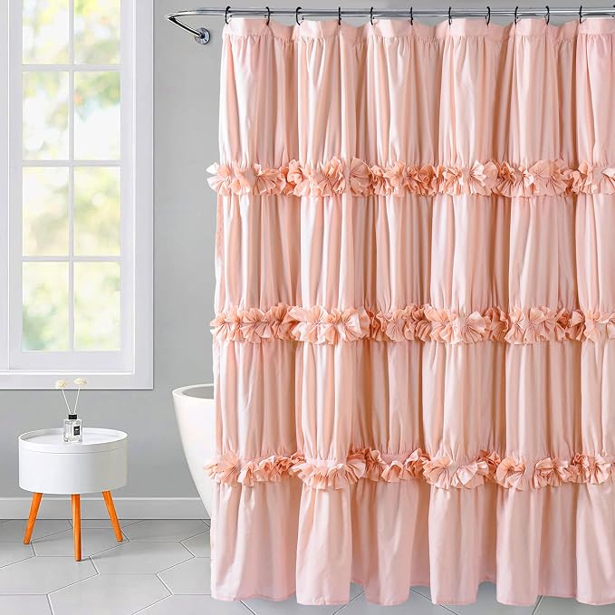 Homechoice Decor Victorian Peach Ruffle Shower Curtain 72x78 Inches Long | Vintage Handcrafted Bow Tie Bath Curtain for Master Bathroom, Ruched Microfiber Bathroom Curtain with 12 Buttonholes (LQ-10)