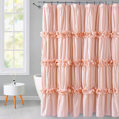 Homechoice Decor Victorian Peach Ruffle Shower Curtain 72x78 Inches Long | Vintage Handcrafted Bow Tie Bath Curtain for Master Bathroom, Ruched Microfiber Bathroom Curtain with 12 Buttonholes (LQ-10)