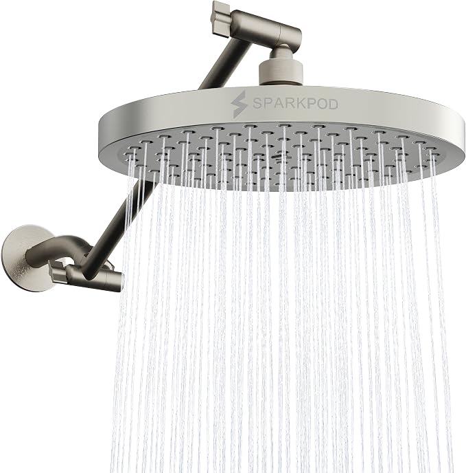 SparkPod 8" Round Rain Shower Head with 11" Shower Arm | Shower Head & Extension Arm Combo, Height Adjustable, High Pressure Performance, Easy 1-Minute Installation, Brushed Nickel