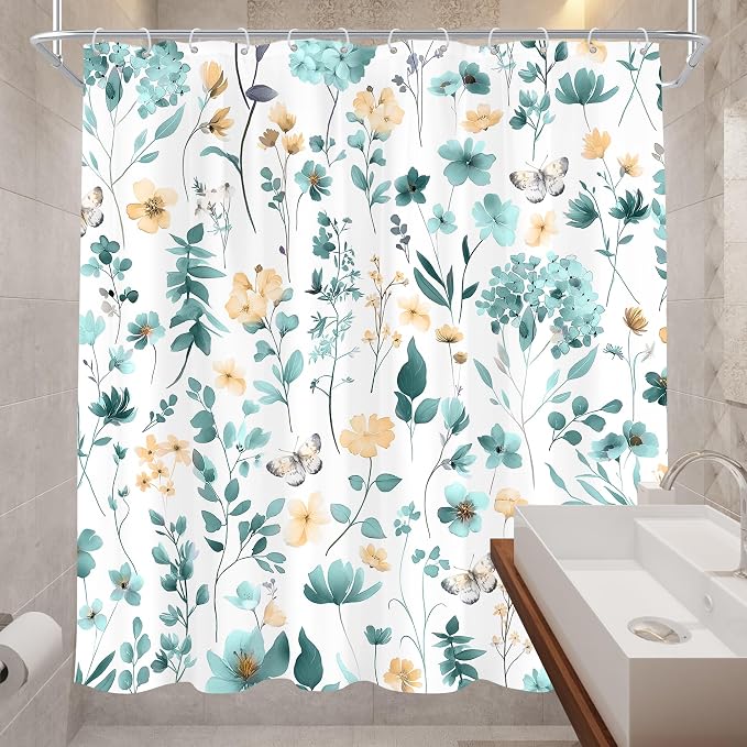 Cute Floral Teal Flower Wildflower Rustic Women Bathroom Shower Curtain Set | 72"W x 72"H Plants Leaves; waterproof HD print, quick-dry fabric and plastic hooks for easy setup.