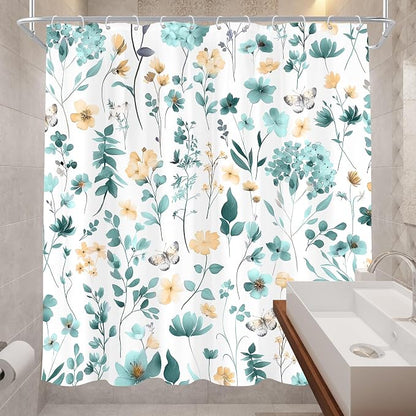 Cute Floral Teal Flower Wildflower Rustic Women Bathroom Shower Curtain Set | 72"W x 72"H Plants Leaves; waterproof HD print, quick-dry fabric and plastic hooks for easy setup.