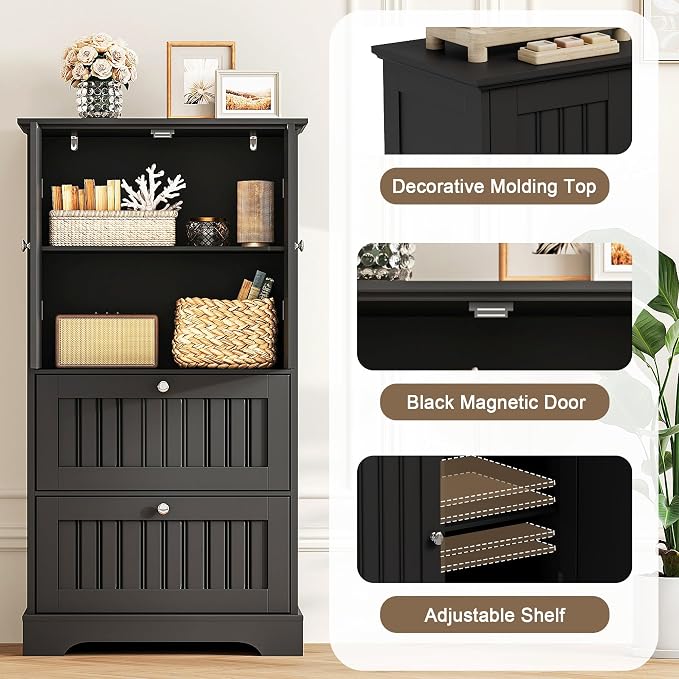 Treocho Bathroom Floor Cabinet with 2 Drawers and Adjustable Shelf | Bathroom Storage Cabinet, Freestanding Cupboard Pantry for Kitchen, Living Room, Dining Room, Black