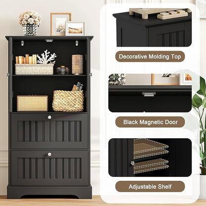 Treocho Bathroom Floor Cabinet with 2 Drawers and Adjustable Shelf | Bathroom Storage Cabinet, Freestanding Cupboard Pantry for Kitchen, Living Room, Dining Room, Black