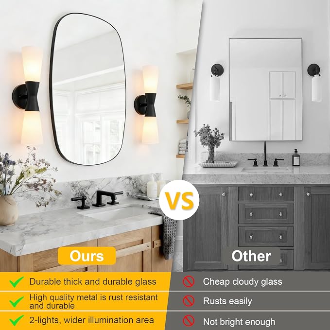 Wall Sconces Set of 2 for Bathroom, Modern Indoor Vanity Light Fixtures 17", Up Down Lighting, Wall Mount Lamp for Living Room Bedroom Hallway Stairway Fireplace Mirror E26 Base 2PC White&Black