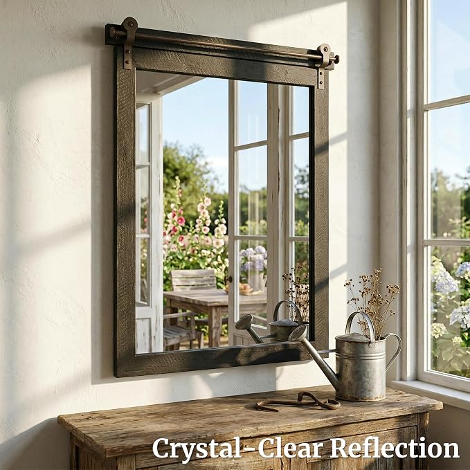 24"x36" Black Wood Grain Barn Door Vanity Mirror with Wood Header | 100% solid wood, HD tempered glass, bronze-tone iron rail; farmhouse vanity mirror for over sink, powder room, entryway