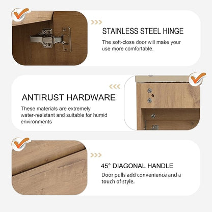 16" Wall-Mounted Bathroom Vanity with Sink - Floating Vanity Cabinet for Small Bathrooms, Soft-Close Door & Built-in Storage, Honey Oak Finish (Space-Saving Waterproof Design)