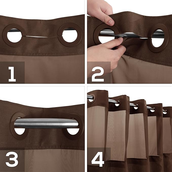 River Dream No Hook Slub Textured Shower Curtain with Snap-in PEVA Liner Set - 71" x 74"(72"), Hotel Style with See Through Top Window, Machine Washable & Water Repellent, Chocolate Brown, 71x74