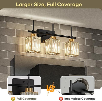 Torondo Modern Crystal 3-Light Vanity Lights for Bathroom Gold Bathroom Lights Over Mirror Black and Gold Vanity Lighting Fixtures Square Shade Brass Wall Sconce (Bulbs Not Include)