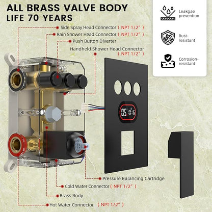 Longriver 3-Push Button Shower Faucet Set Hydro Power Temperature Display | Shower System Wall Mounted 10" & 6" Shower Head with 3-Spary Handheld, Shower Fixtures with Valve and Trim Kit, Matte Black