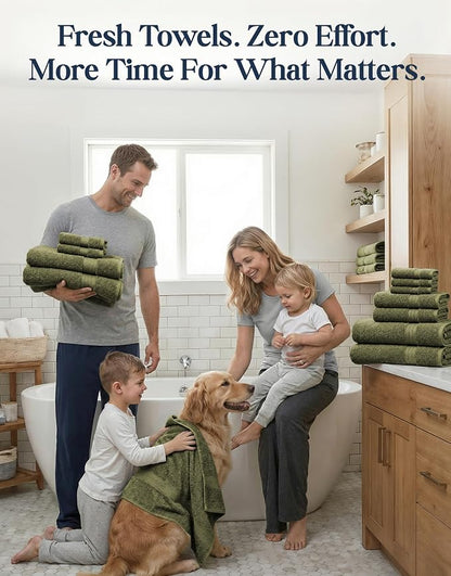 LANE LINEN Large Bath Towel Set Absorbent Quick Dry 100% Cotton - Oil Green | Soft Cotton Towels - Fade-Resistant Color, Classic Terry Weave, Densely Woven & Durable, Easy-Care, Coordinated Colors