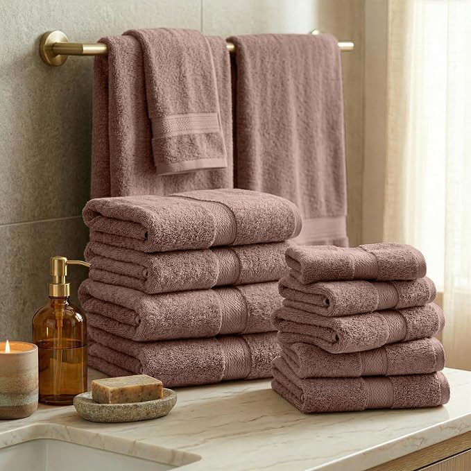 SUPERIOR Egyptian Cotton Ultra Plush & Absorbent, 12 Piece Set, Muted Mauve | Heavyweight 12 Pc Egyptian Cotton Towel Set Includes 4 Bath Towels 4 Hand Towels 4 Washcloths Decorative Rope Border