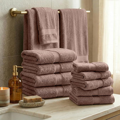 SUPERIOR Egyptian Cotton Ultra Plush & Absorbent, 12 Piece Set, Muted Mauve | Heavyweight 12 Pc Egyptian Cotton Towel Set Includes 4 Bath Towels 4 Hand Towels 4 Washcloths Decorative Rope Border